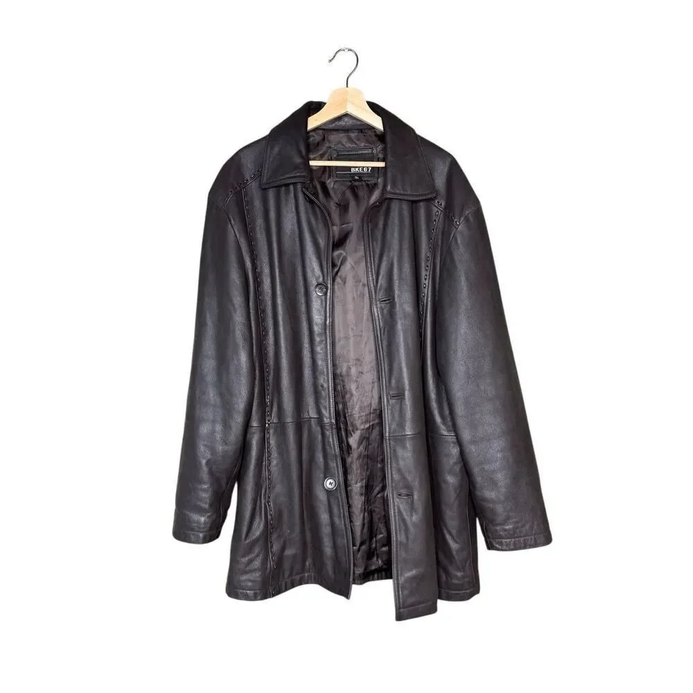 BKE 67 brown mid length  button up leather coat size XL